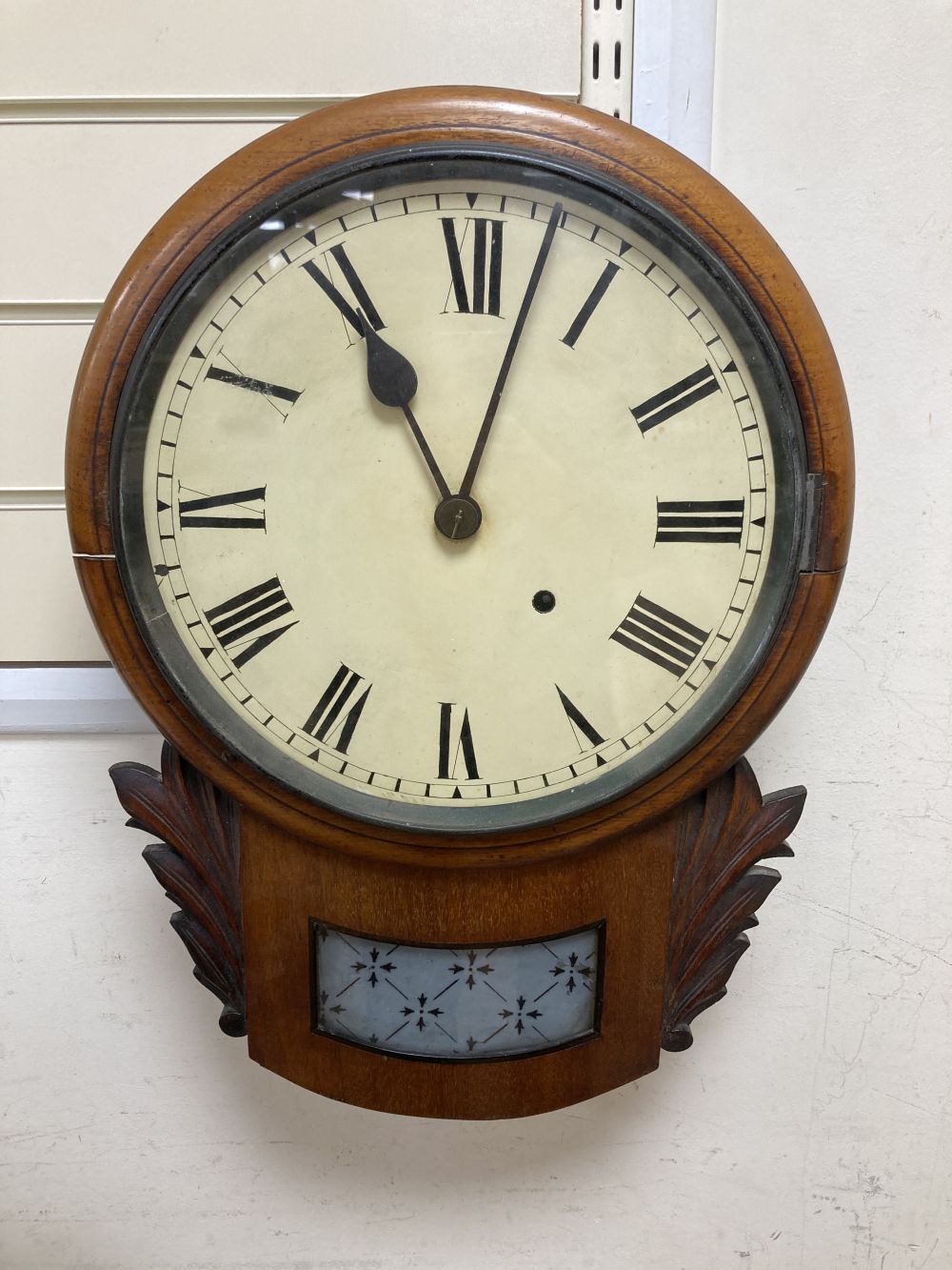 A Victorian mahogany drop-dial wall clock, 28cm dial, timepiece movement